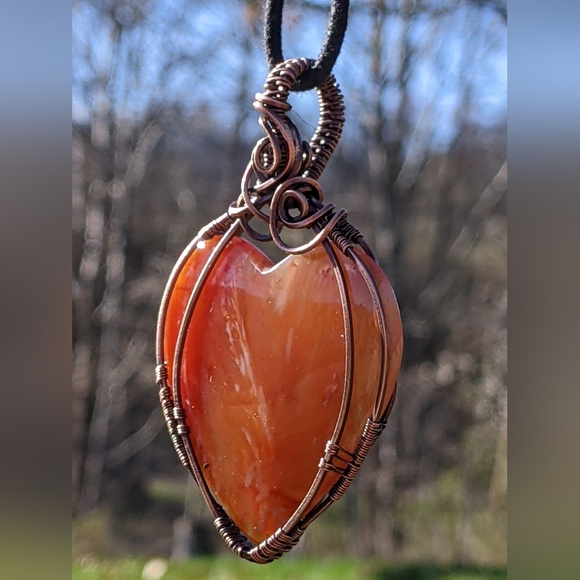 Hand Crafted Carnelian Heart Pendant Statement Necklace Copper Wire Wrap - Picture 14 of 14